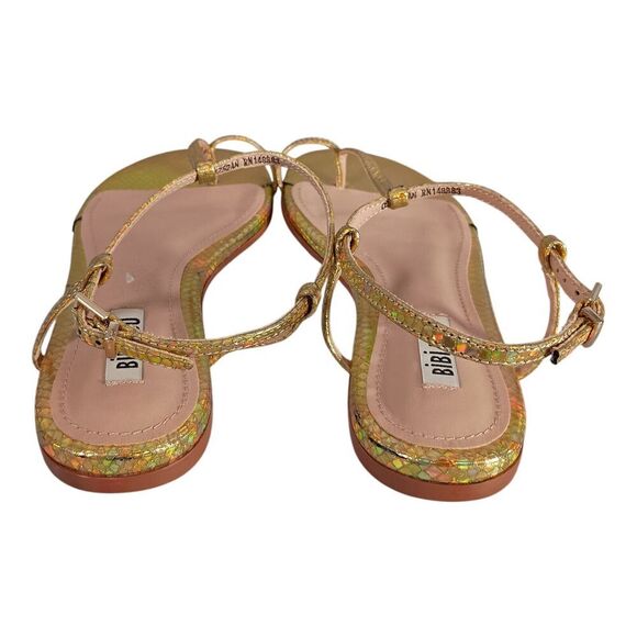 Bibi Lou Sandal Flat Toe Ring T-Strap Gold Snake Leather Women's 38/US 8 - Picture 5 of 7